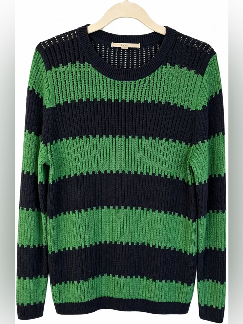 LOFT Green and Navy Striped Open-Knit Crewneck Sweater